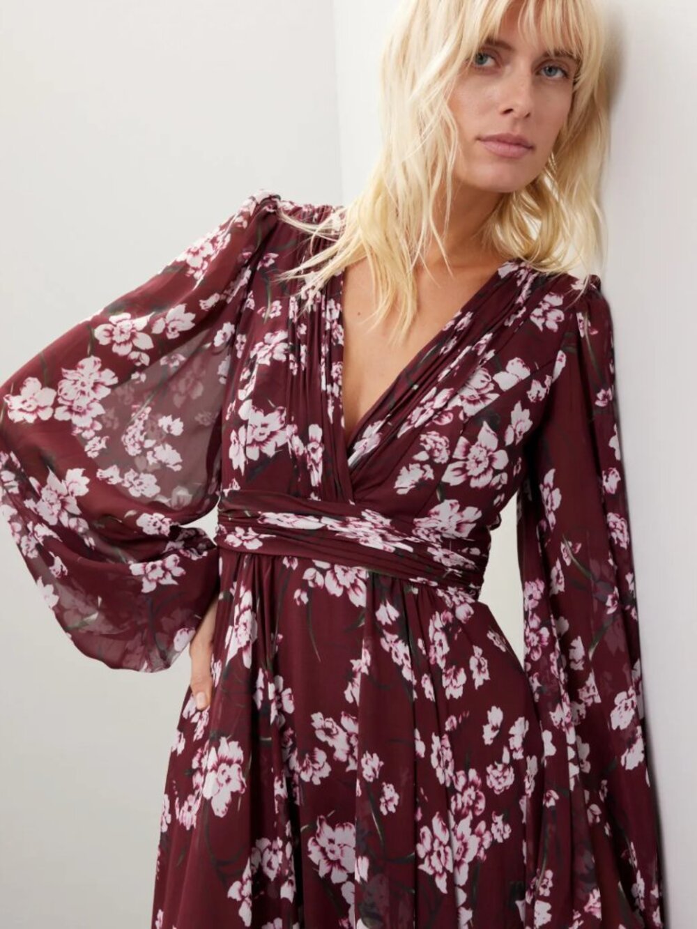 Mac Duggal Burgandy Floral Long Sleeve Chiffon Gown 4 - Picture 3 of 11